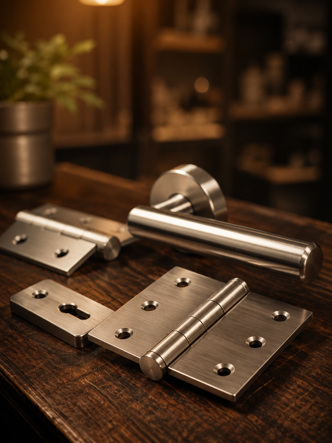 Close-up of premium stainless-steel hinges, handles and door hardware
