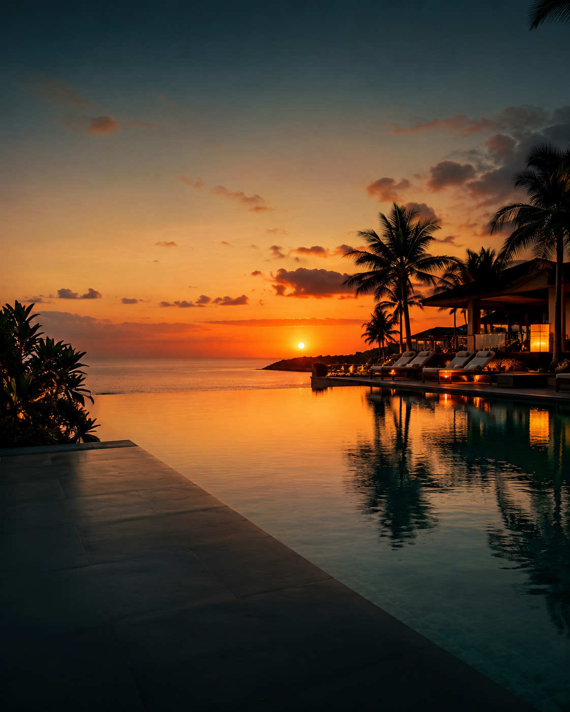Luxury resort pool at dusk