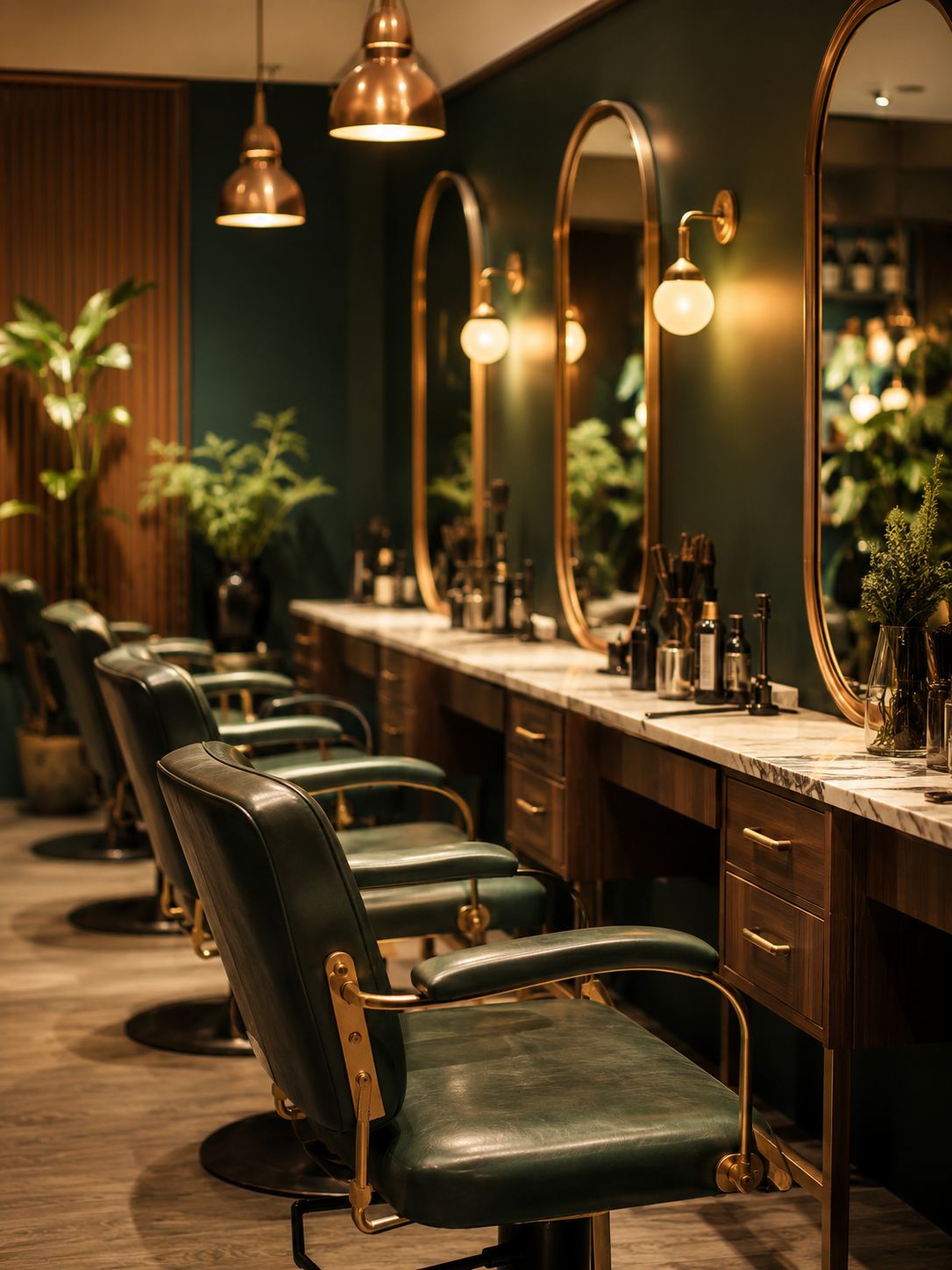 Premium salon interior with styling chairs and warm lighting