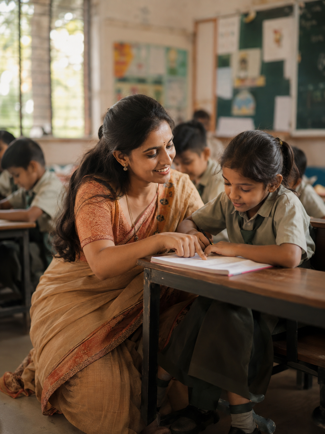 Teacher helping students in a classroom
