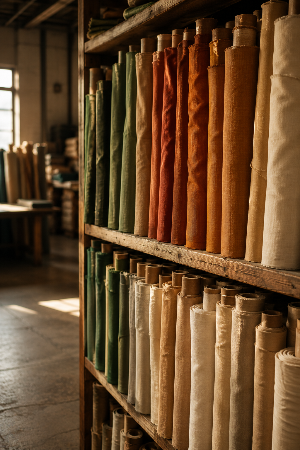 Rolls of fabric in a textile manufacturing unit